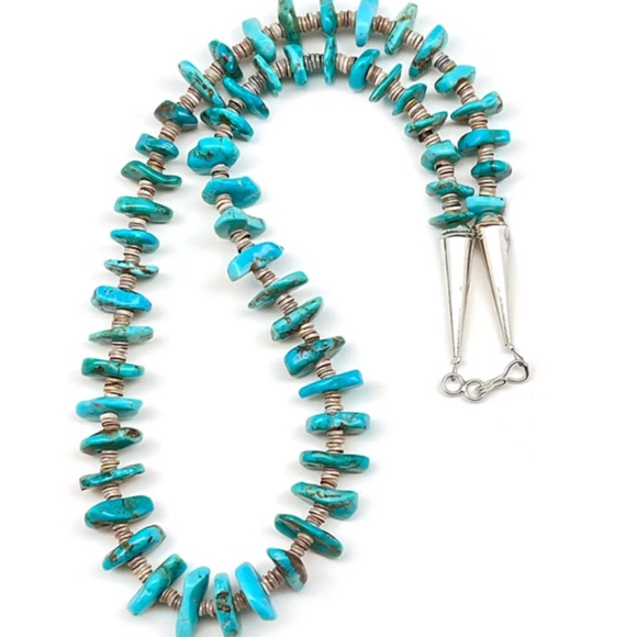 Native American Jewelry - Navajo Turquoise Sterling Silver Shell Heishi Bead Necklace